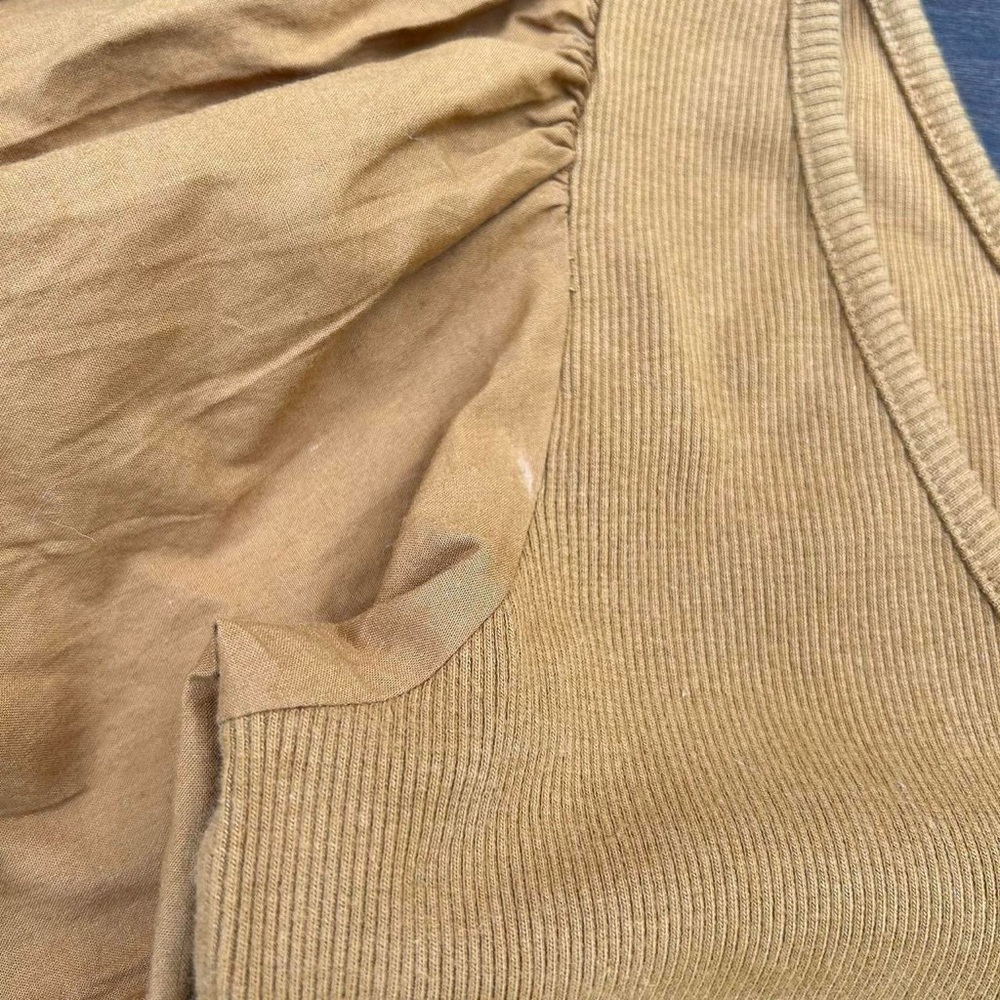 Mustard Yellow Gold Maeve by Anthropologie Ribbed Top w/ Puff Bow Short Sleeves - Picture 6 of 7